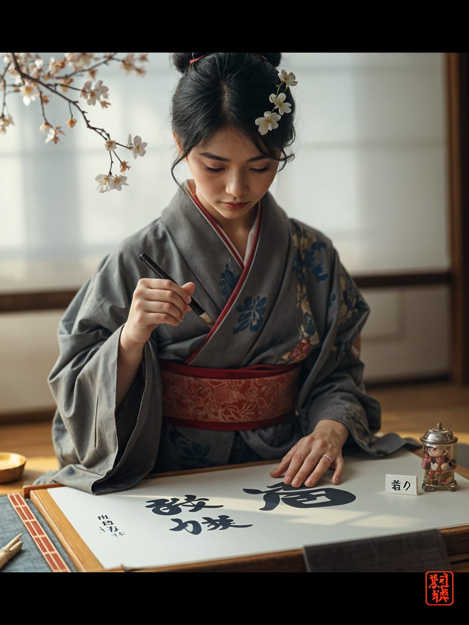 Elegant Japanese Girl Drawing Calligraphy on Washi Paper