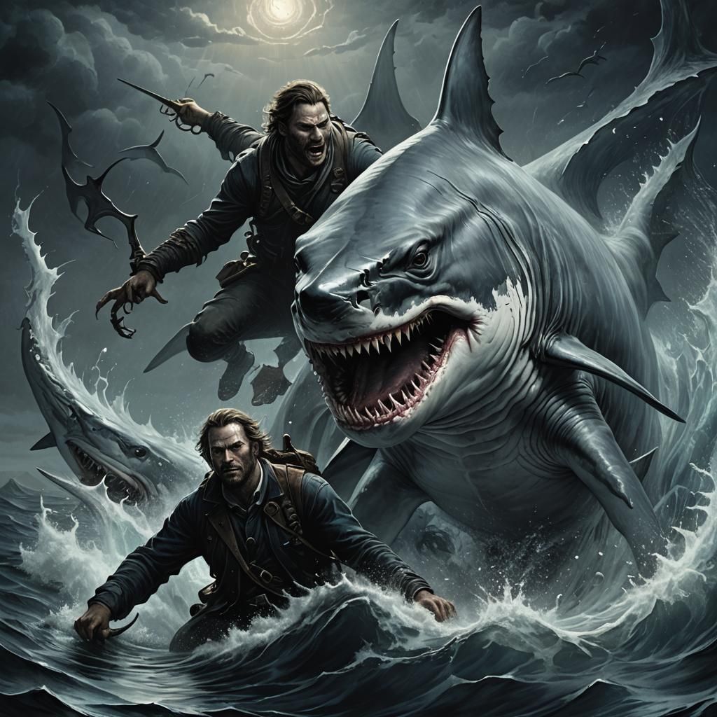 Man Rides Great White Shark in Dark Fantasy Style