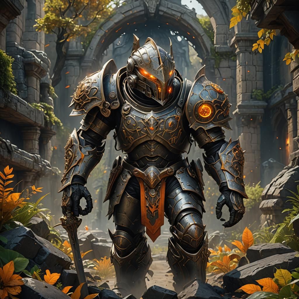 Earth Knight with Orange Eyes in Detailed Matte Painting
