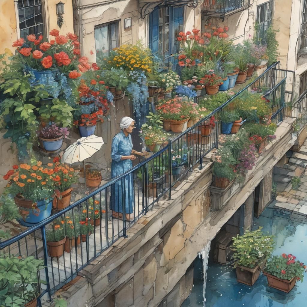 Watercolor Balcony Waterfall in Comic Book Style