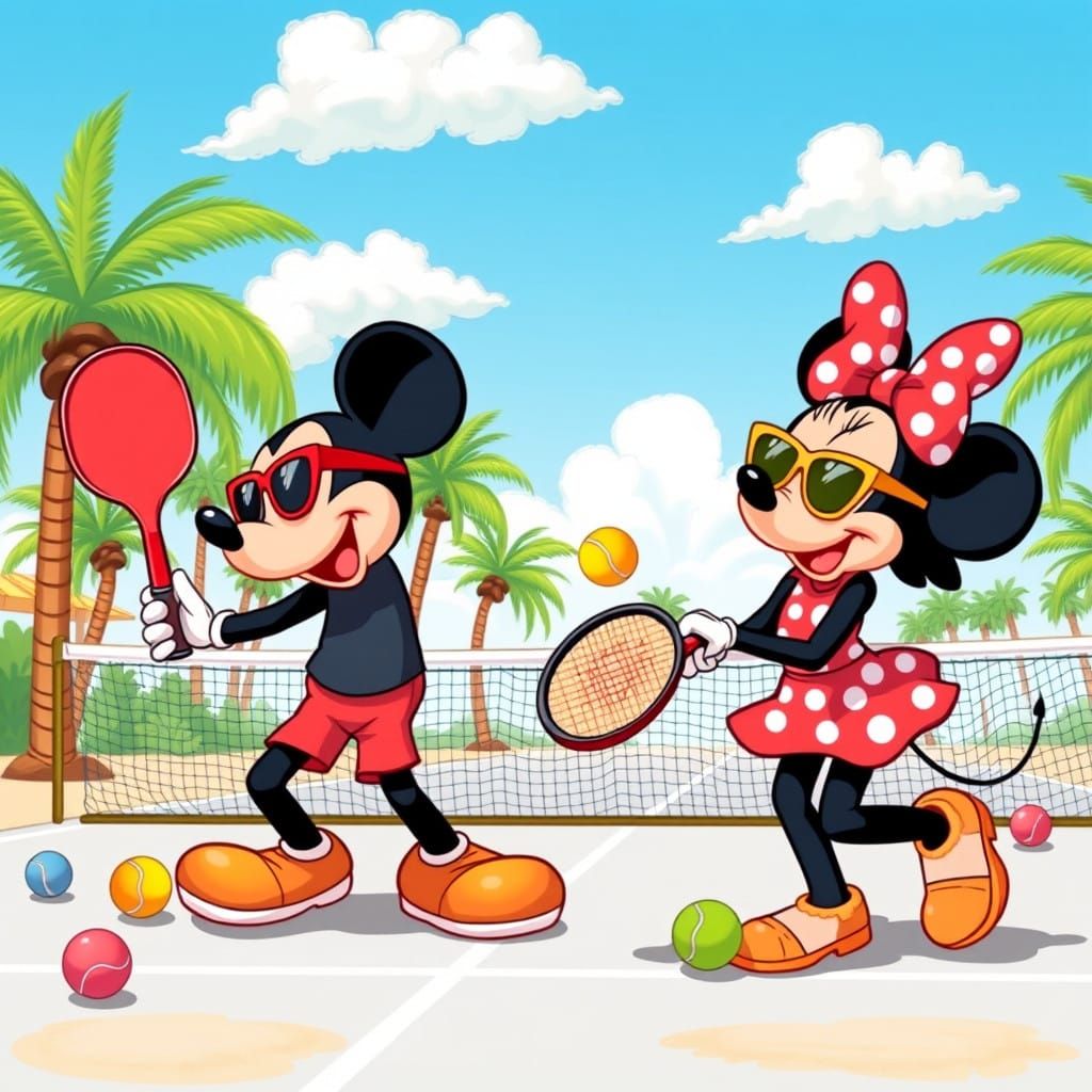 Mickey Mouse and Minnie Play Pickleball in Vintage Disney St...