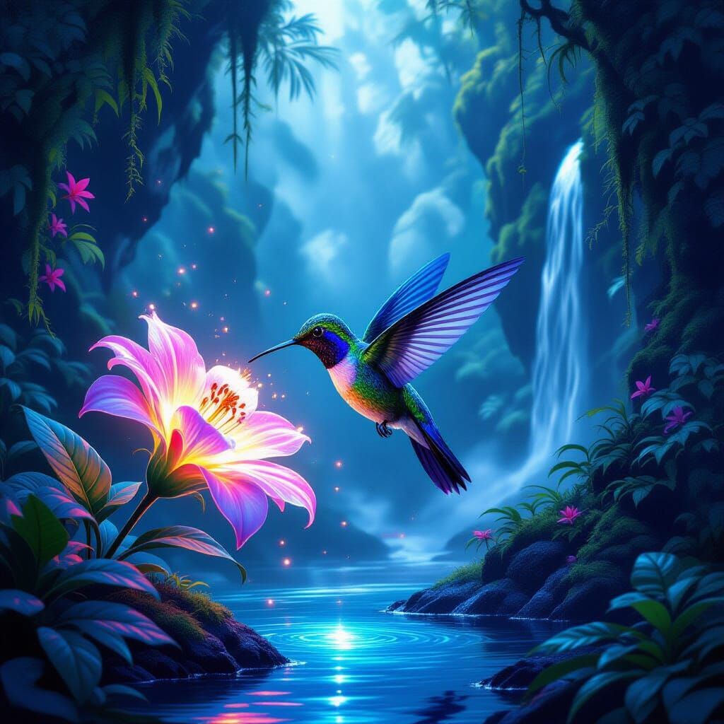Bioluminescent Hummingbird in a Hidden Jungle