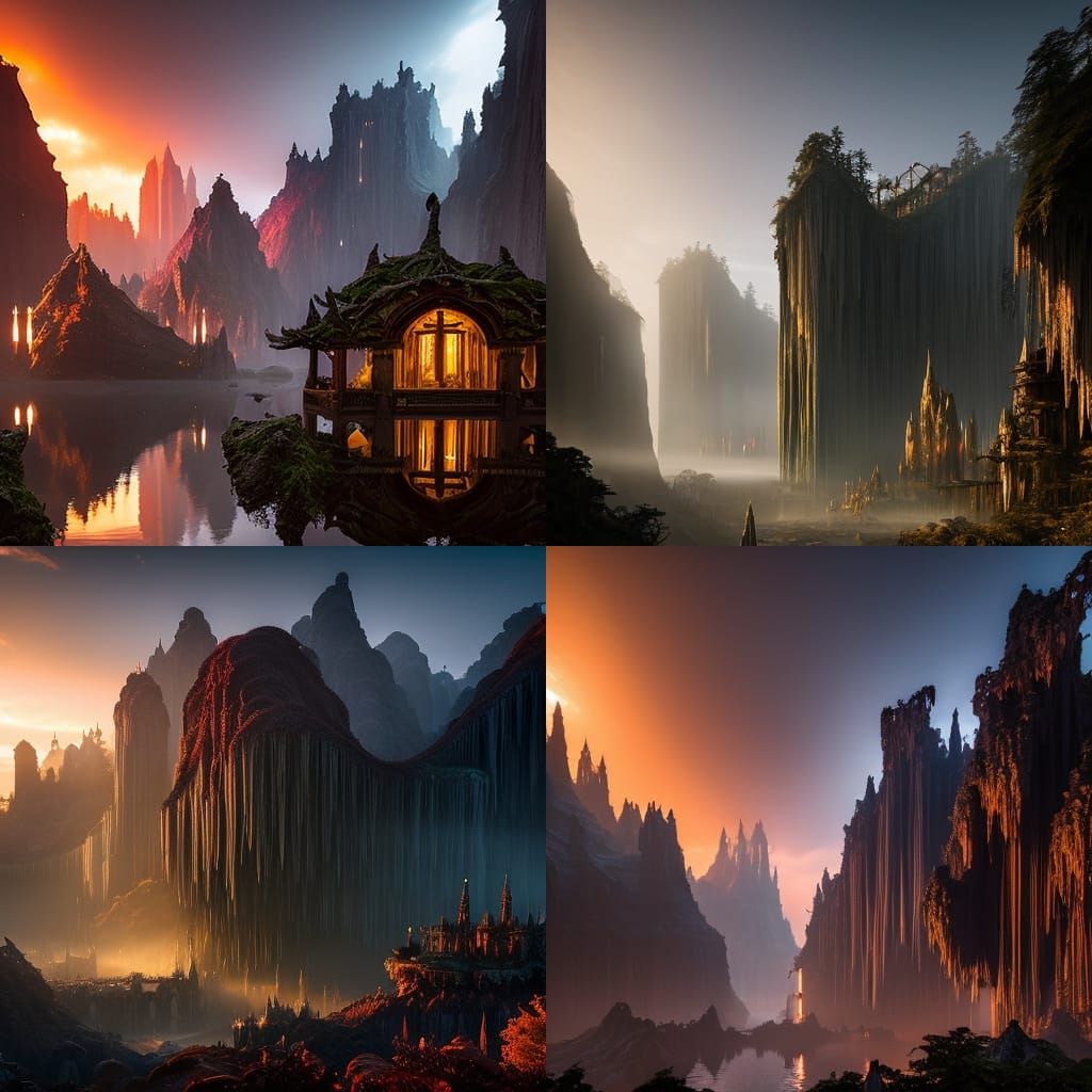 Dark Fantasy City in Bioluminescent Cavern