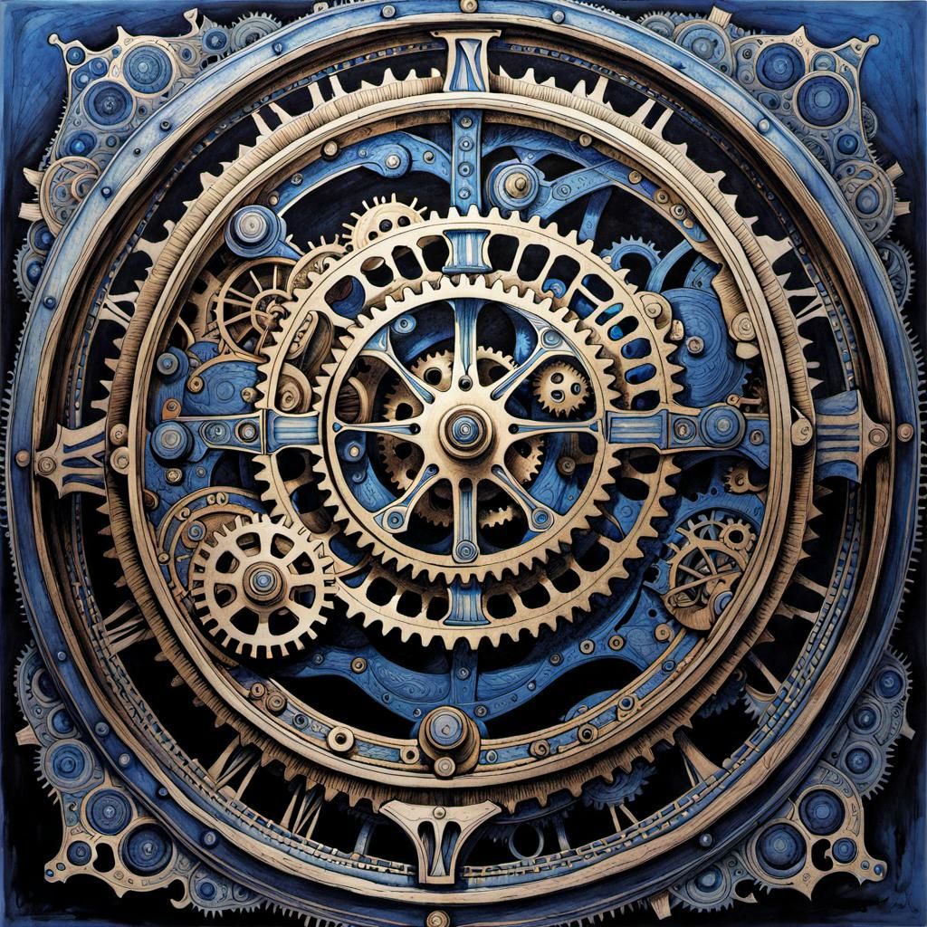 Intricate Clockwork Mechanism: Ink Drawing in Motion