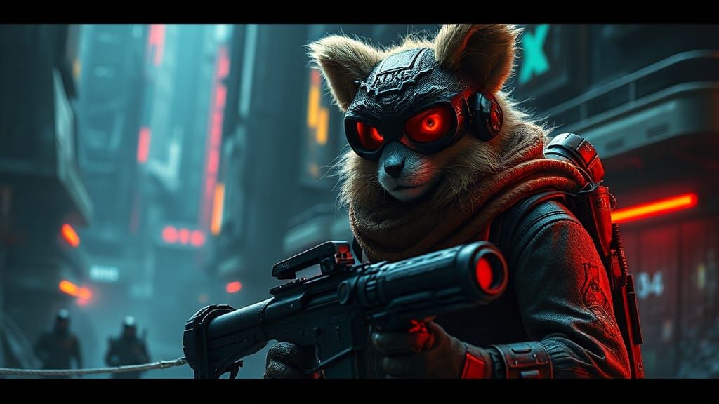 Cyberpunk Furry Soldier in Futuristic Warfare Scene