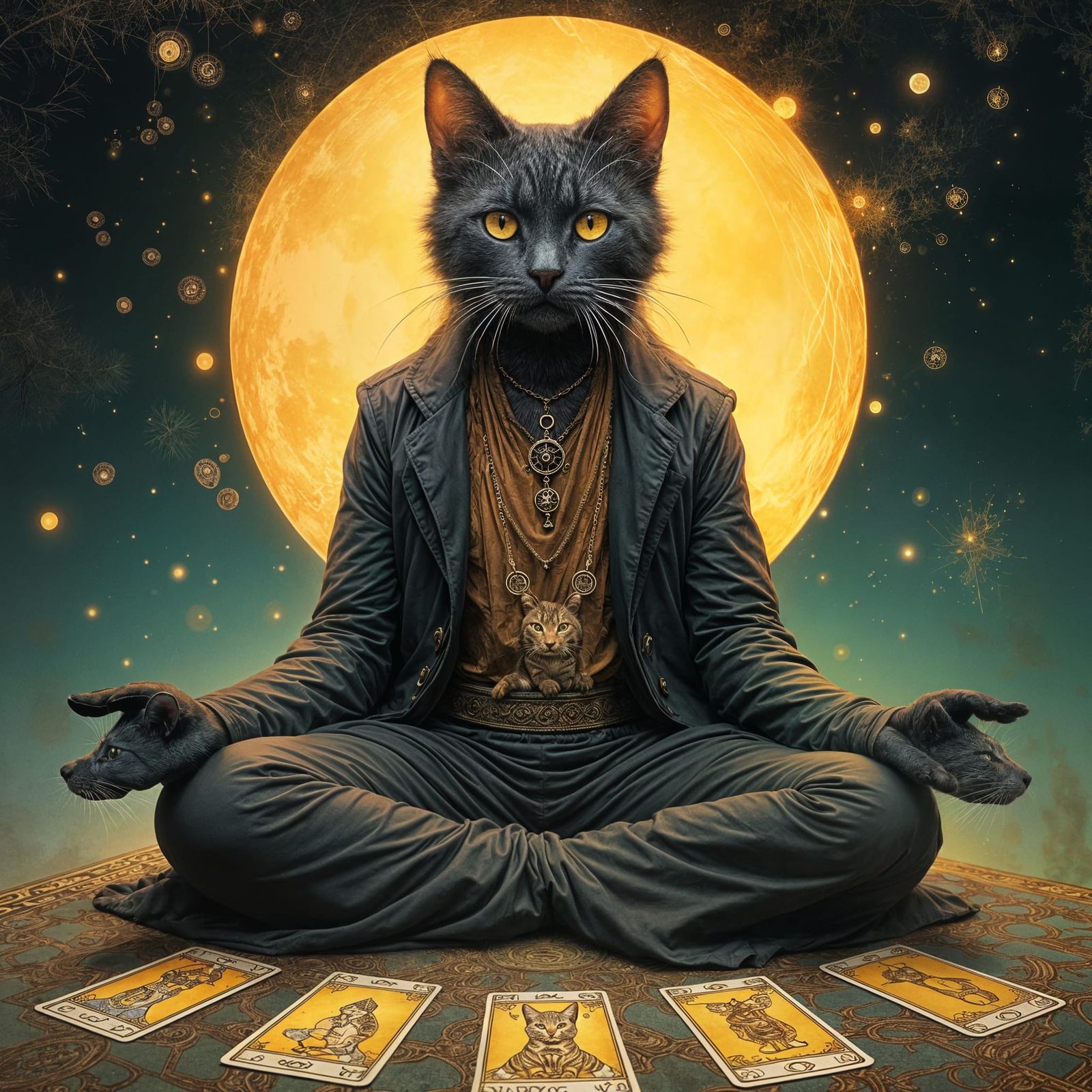 Psychic Cat Deity Meditating with Tarot Cards