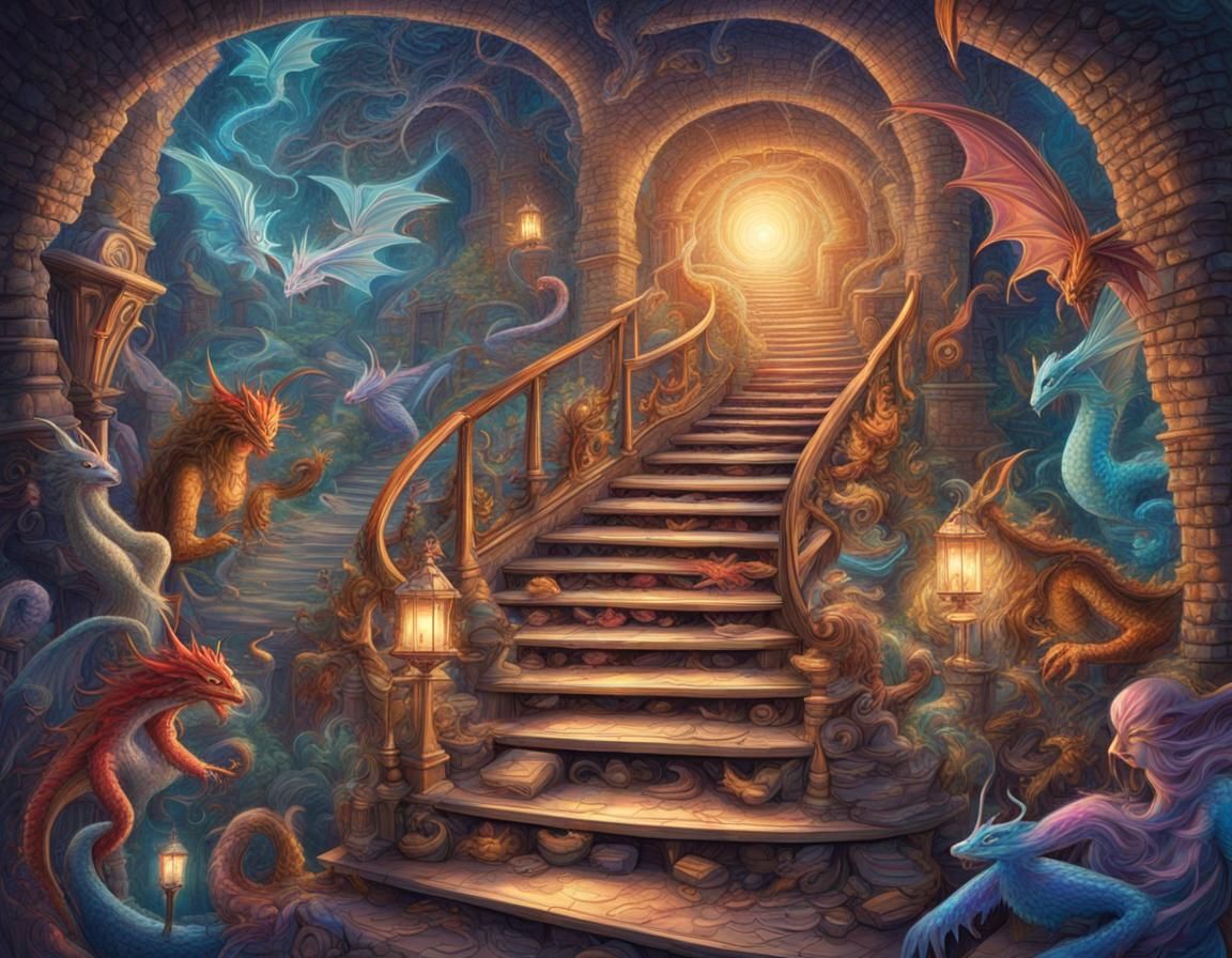 Grimm's Fairy Tale Book with Dragons and a Magical Stairway