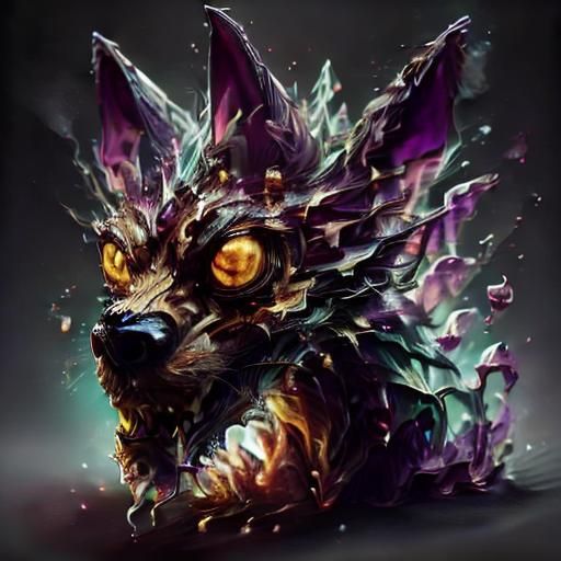 Fiery Vampire Dog Skull with Crystalline Details