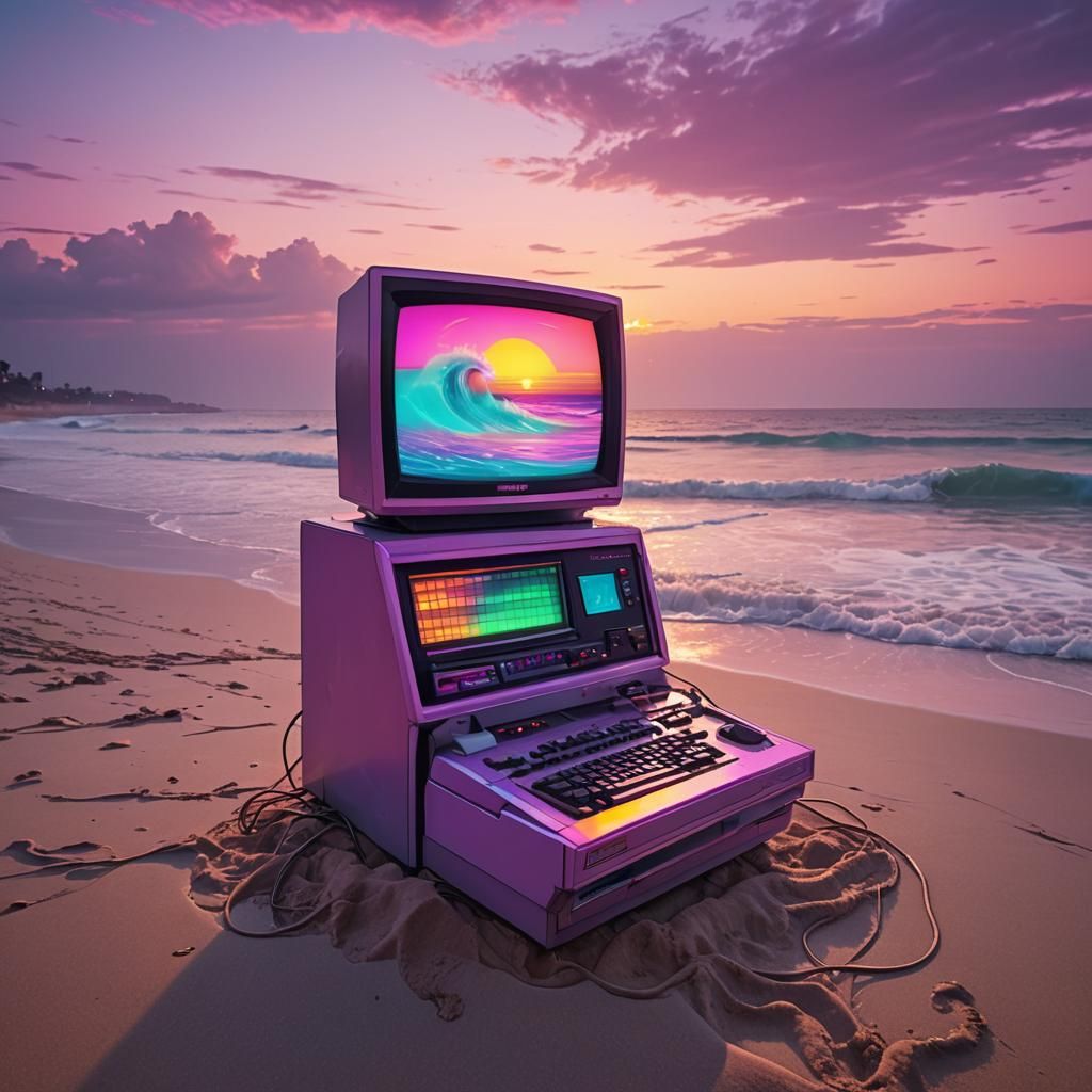 Retro Computer on Beach in Synthwave Neon Style