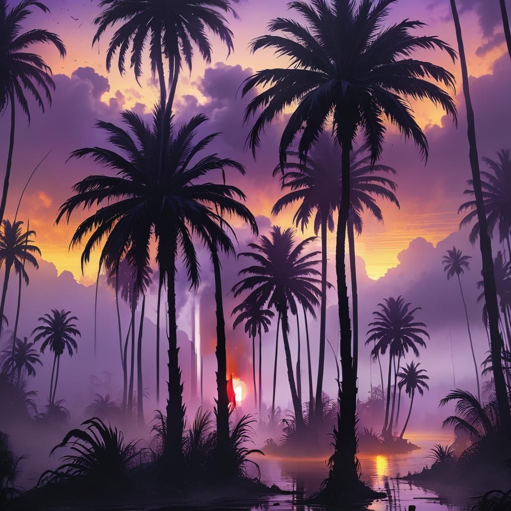 Dark Fantasy Palm Trees in Misty Sunset