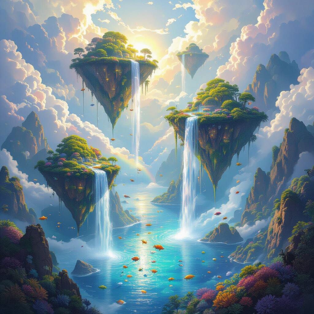 Majestic Floating Islands Above Vibrant Ocean