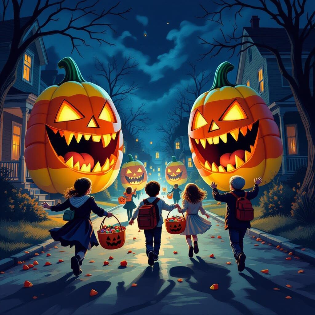 Halloween Night: Children Flee Fanged Candy Corn Monsters