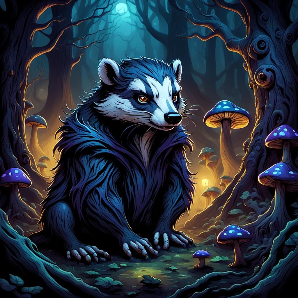 Cartoon Badger Villain in Dark Fantasy Forest