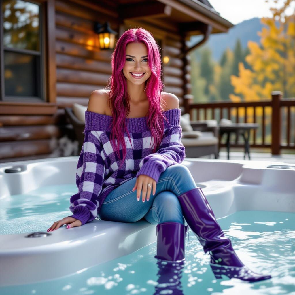 Woman in Wet Plaid Sweater Enjoys Autumn Hot Tub