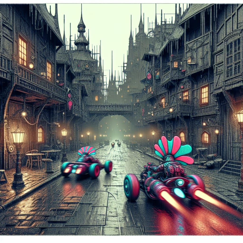 Medieval Dystopian City Race with Alien Characters