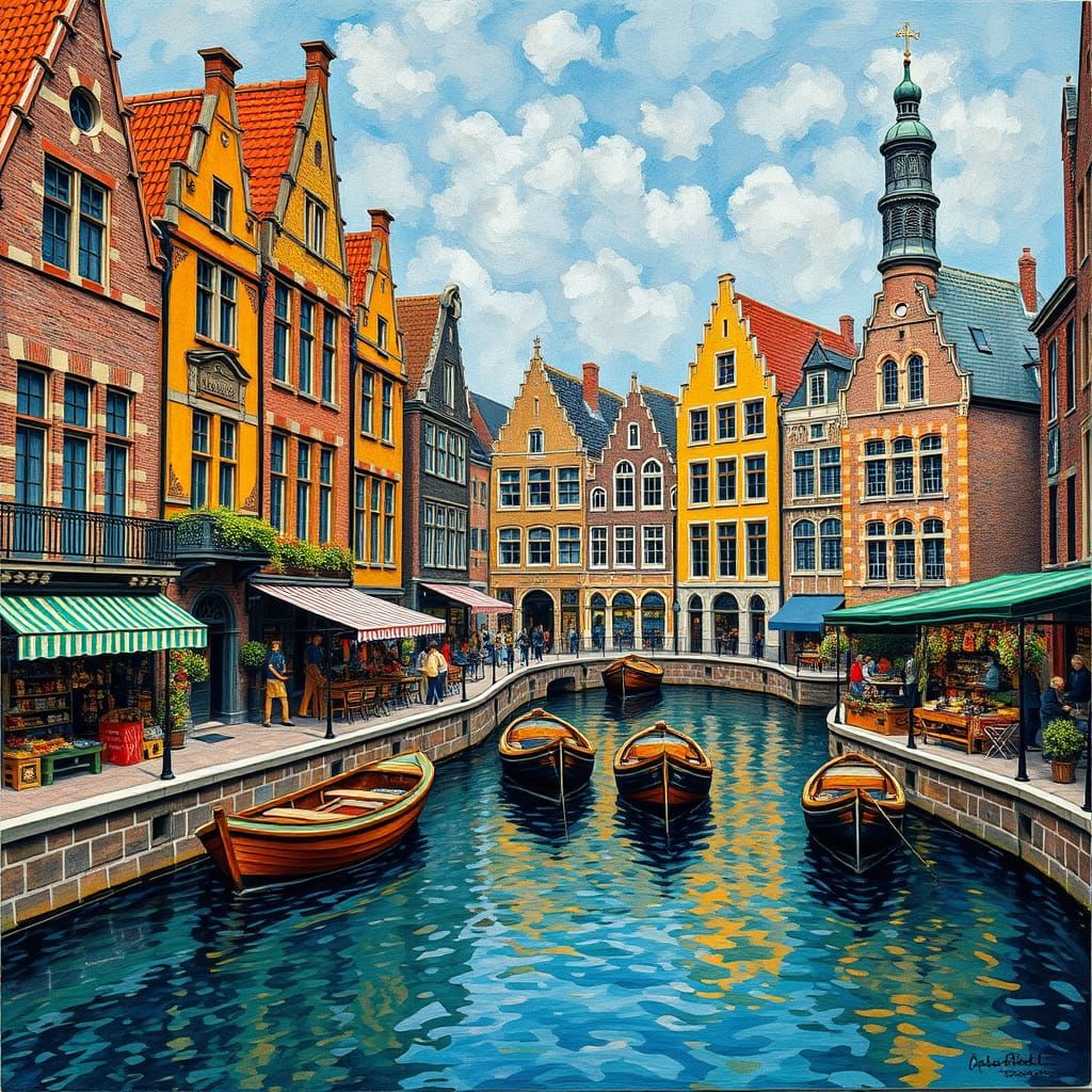 Vibrant Medieval Dutch Town Center Scene in Fauvist Style