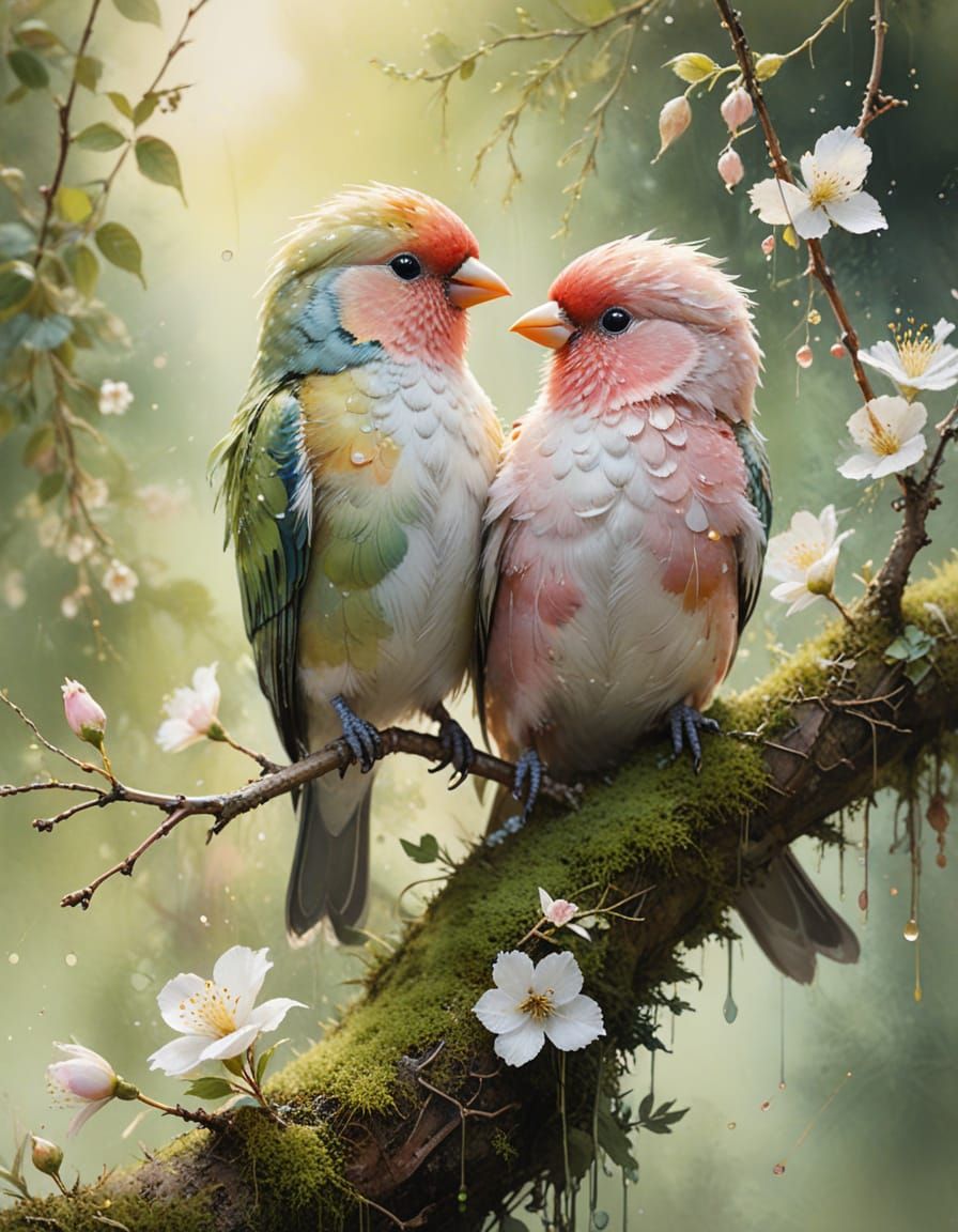 Pastel Lovebirds on Cherry Branch in Watercolor Garden