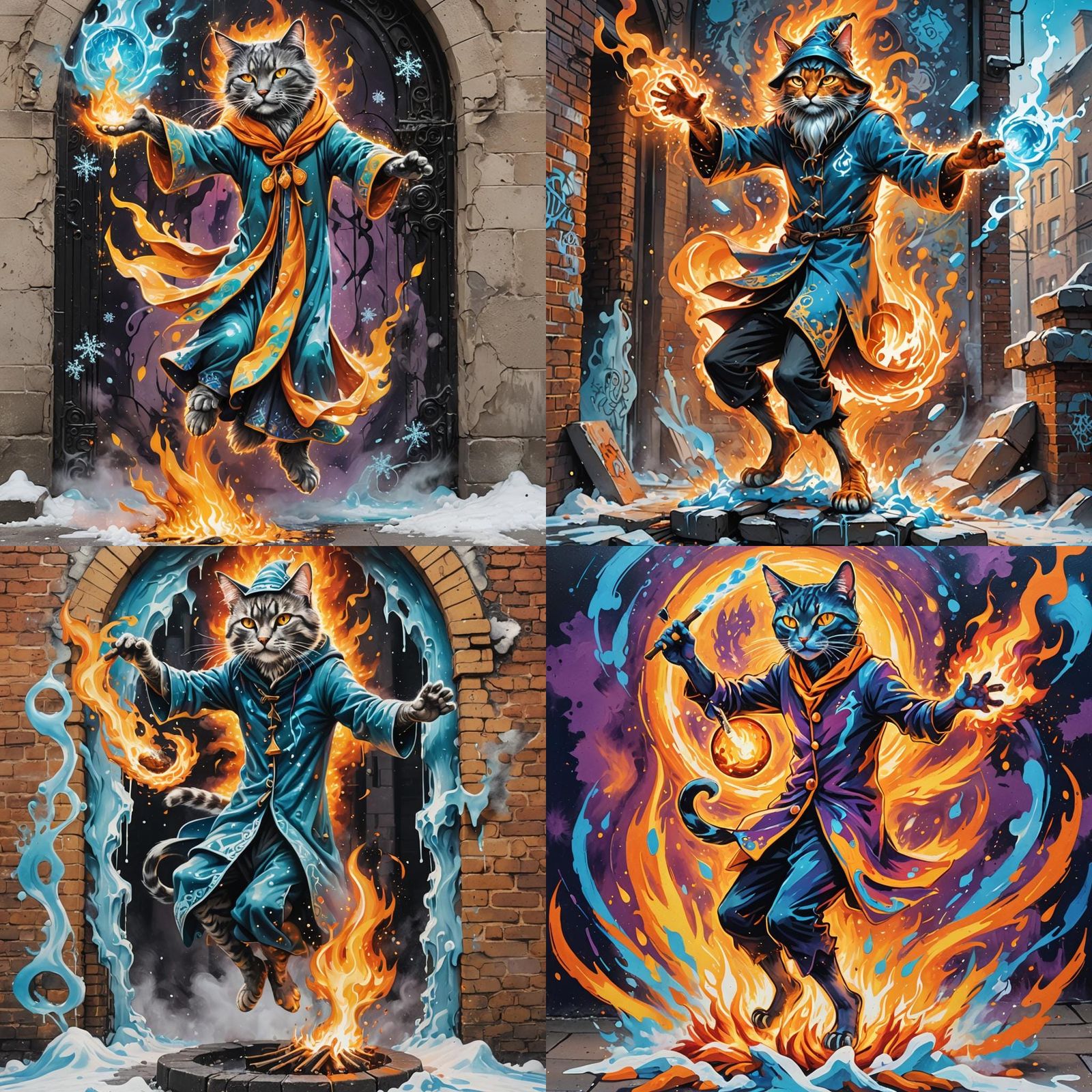Wizard Cat Casting Fire Spell: Graffiti Art