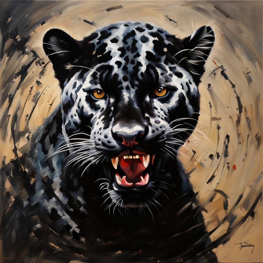 Roaring Black Jaguar Oil Painting in Circular Format