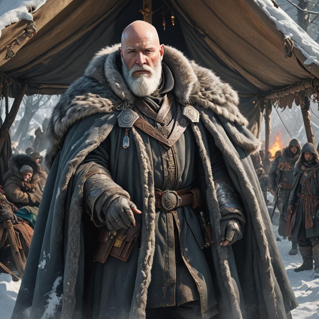 Hyperrealistic Bald Man in Winterfell Cloak