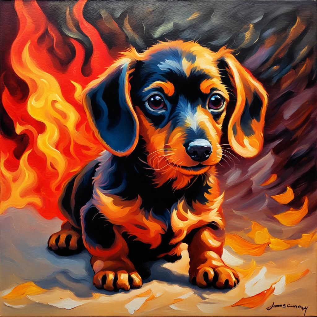 Fiery Dachshund Puppy in Impressionist Oil Painting