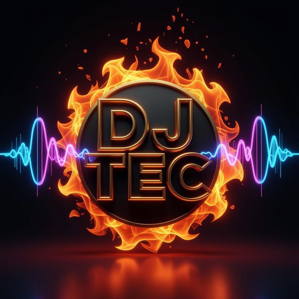 Dj Tec Logo with Gold Metal Font and Fiery Sound Waves