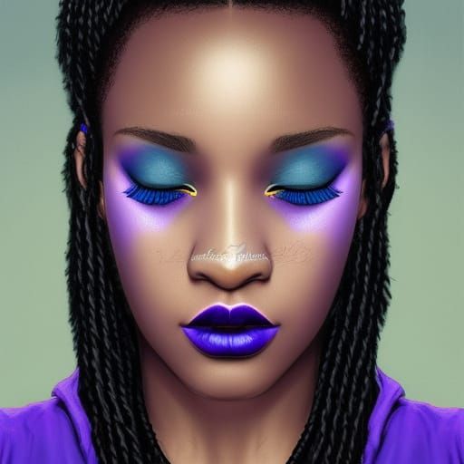 Ethereal Youthful African-American young lady with cobalt blue hair& Blue eyeshadow& purple eyeshadow& dark purple lipst...