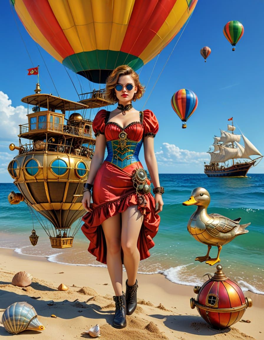 Steampunk Biker's Beach Vacation in 3D