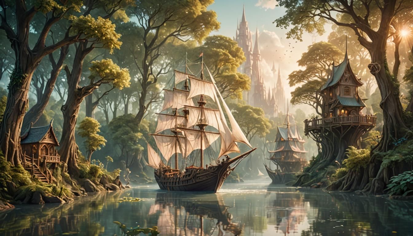 Elven Ship Glides Through Ethereal Forest
