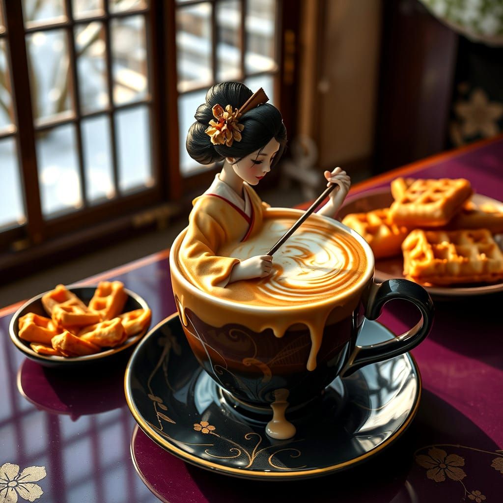 Surreal Latte Art: Geisha Playing Koto
