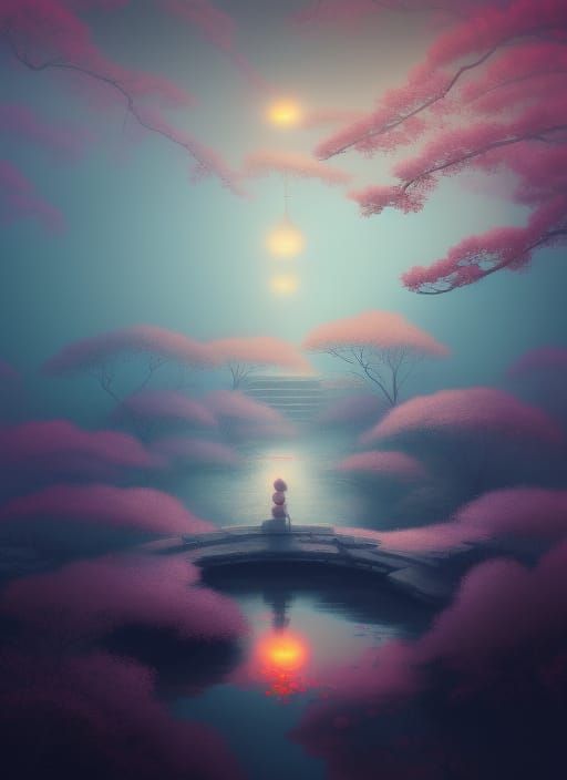 Astral Fantasy Zen Garden with Cherry Blossoms