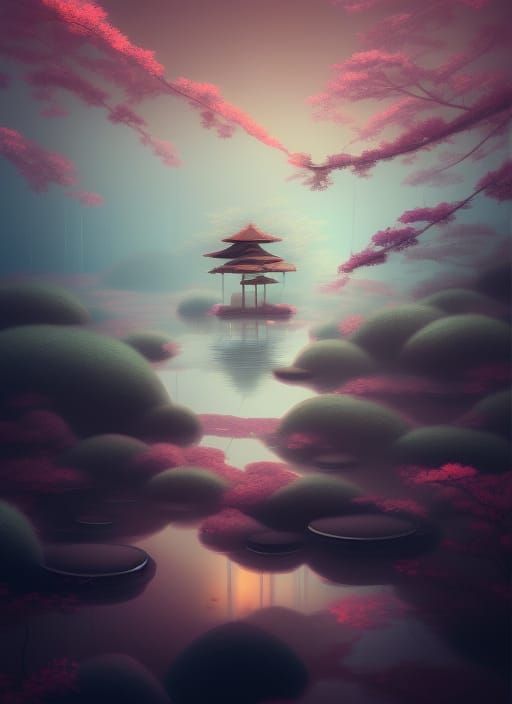 Astral Japanese Zen Garden with Cherry Blossoms