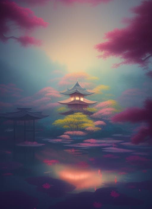 Astral Zen Garden with Cherry Blossoms, Fantasy Concept Art
