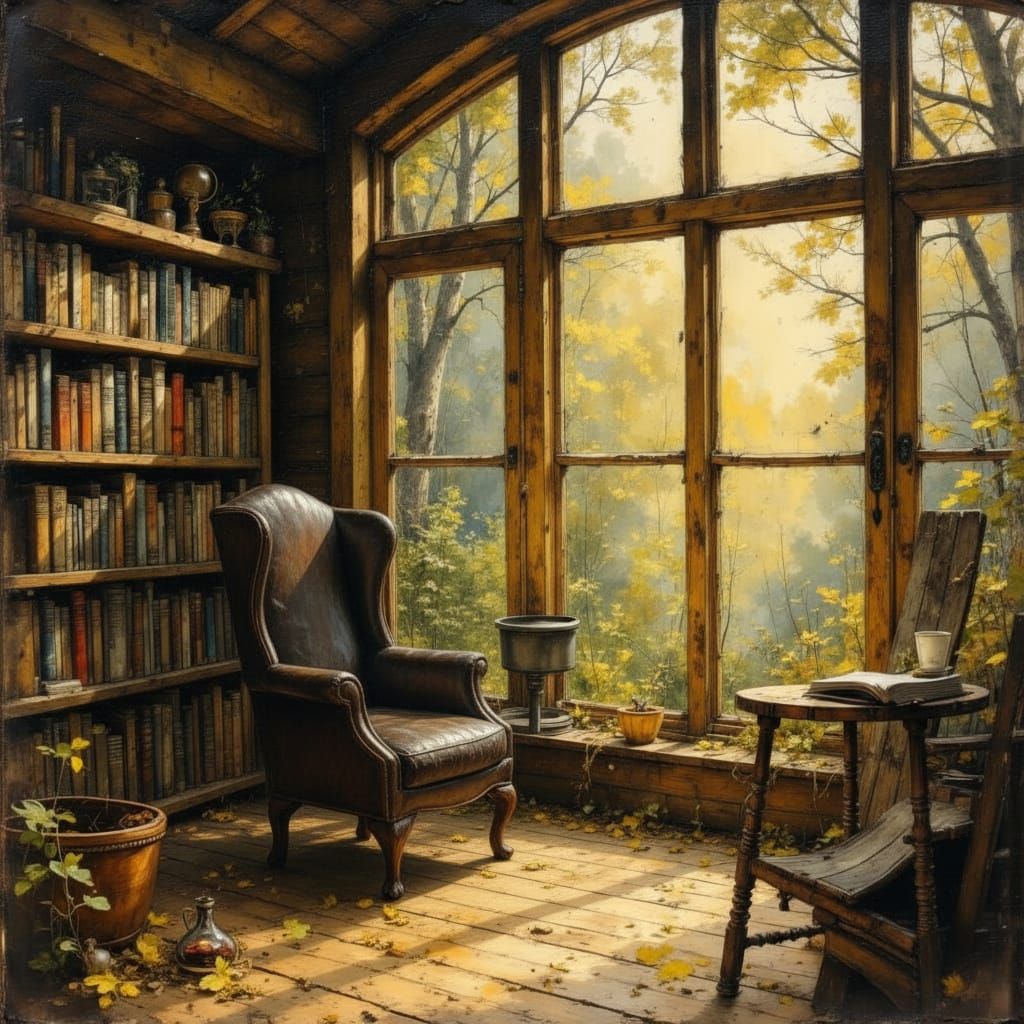 Cozy Forest Cabin Reading Nook in Watercolor