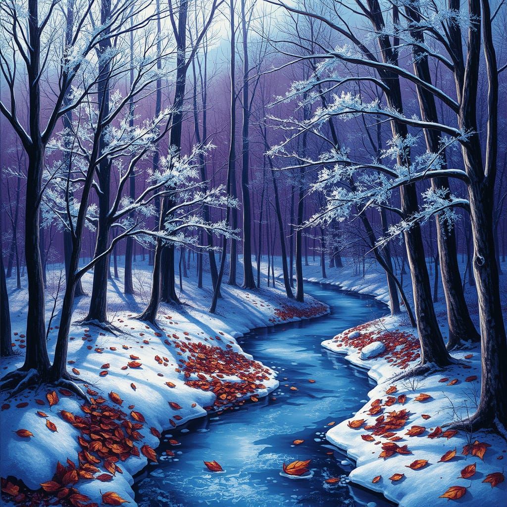 Winter Whimsy: Frosty Forest with Diamonds and Brown Leaves