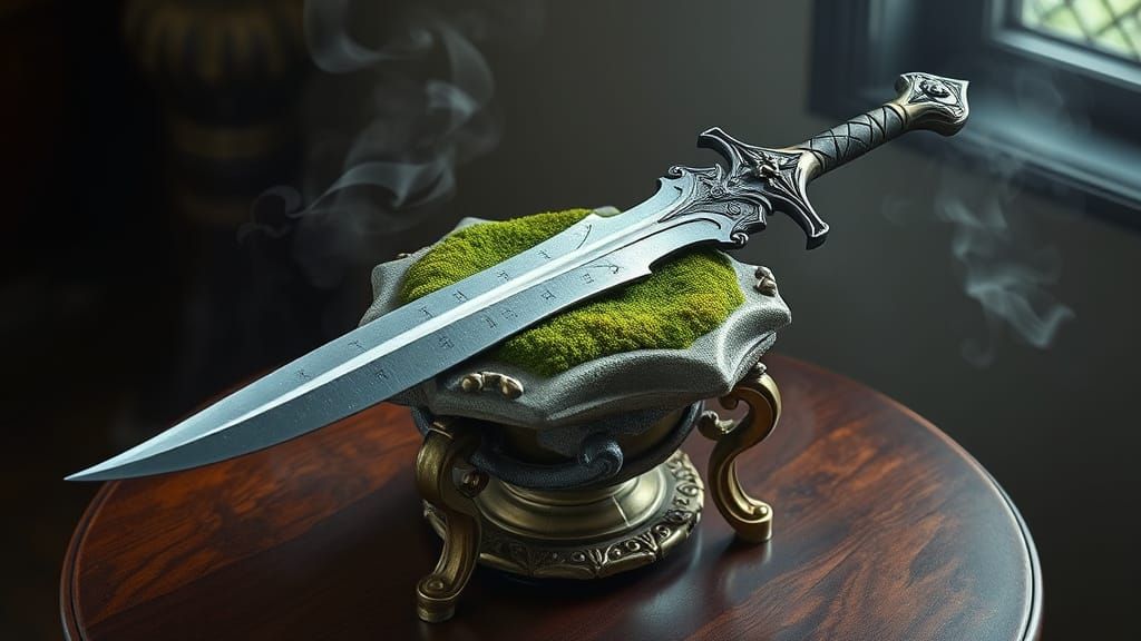 Mystical Dagger on Ancient Stone Pedestal in Ethereal Mist