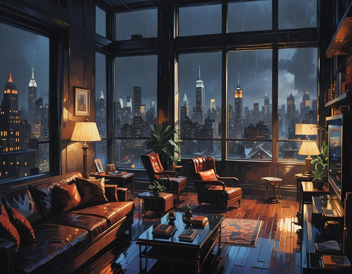 Luxurious Rainy Night Penthouse View, Dark Academia Concept ...