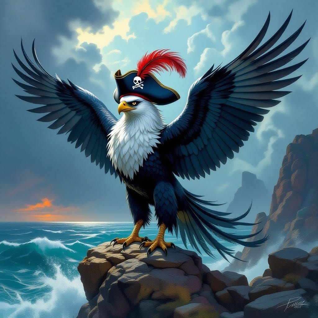 Griffin Pirate on Stormy Sea in Painterly Style