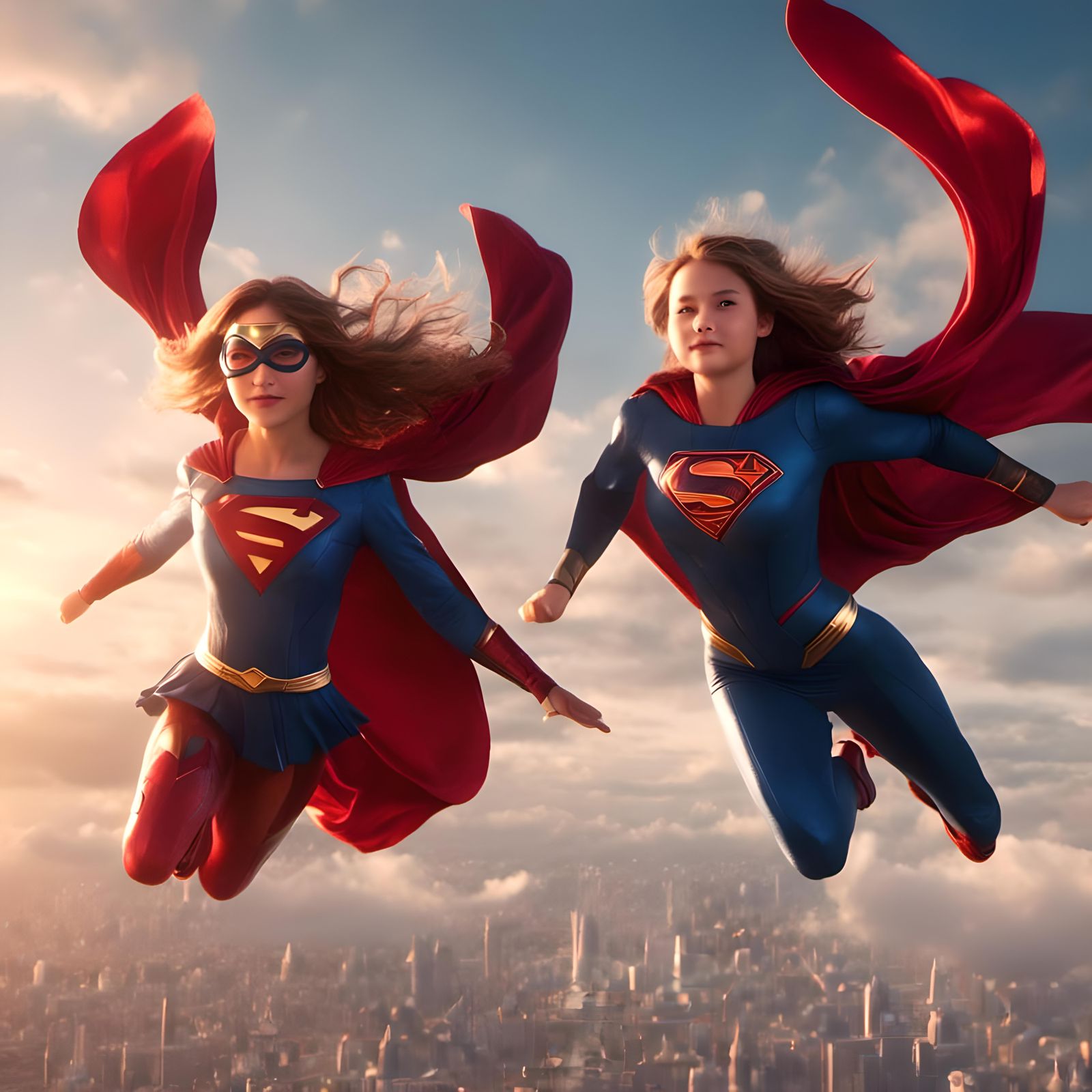 Two Superhero Girls Flying in the Sky