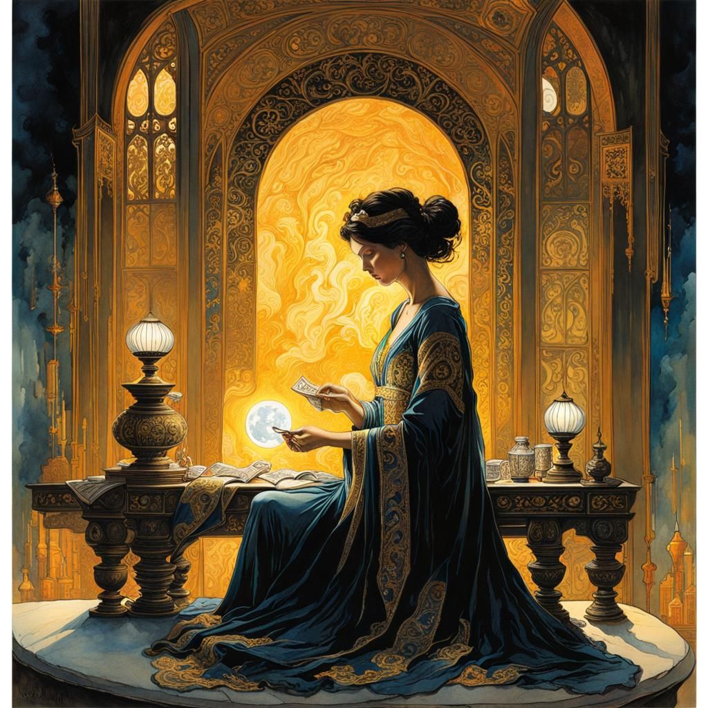 Oracle Reading Cards in Dark Room, Watercolor