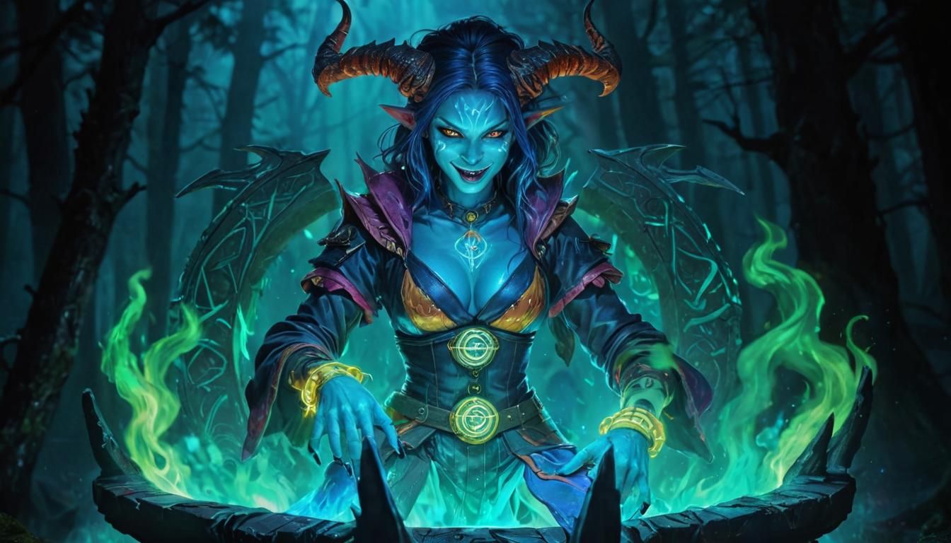Demonic Sorceress Imbues Magic in Cyberpunk Fantasy Style