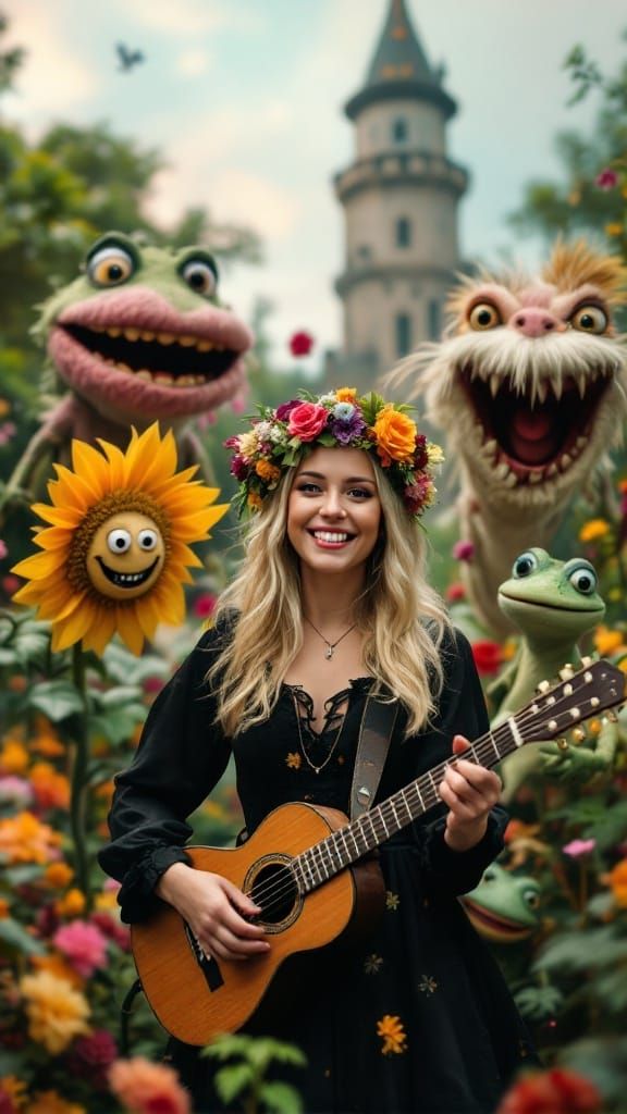 Whimsical Fantasy Queen Performs Amidst Vibrant Floral Wonde...