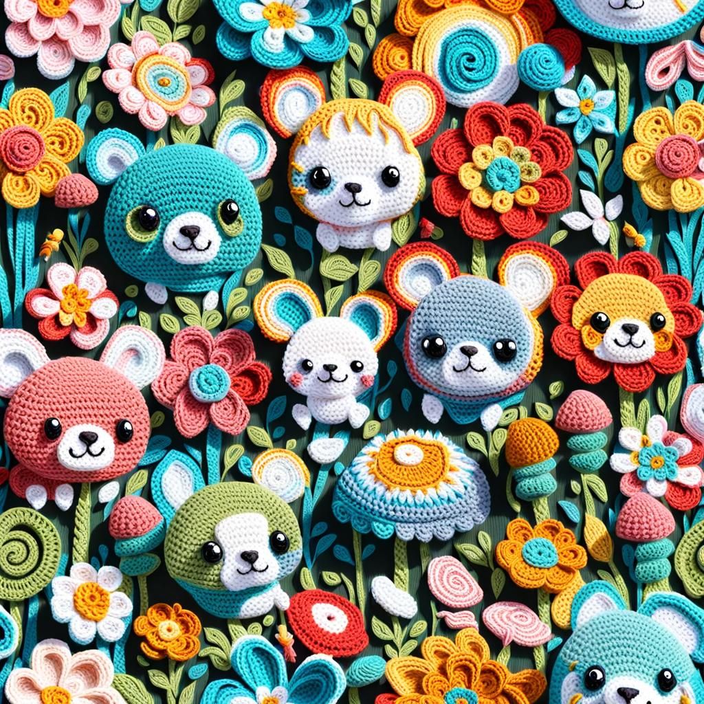 3D Crochet Pet Animals in Gouache Flower Garden