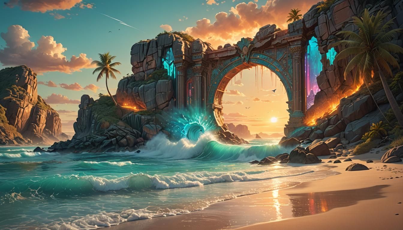 Sunset Beach with Mystical Portal: Digital Matte Painting