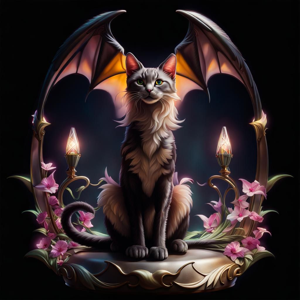 Art Nouveau Kitty Pterodactyl Hybrid in Liquid Darkness