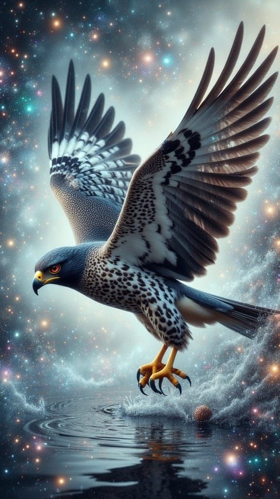 Ethereal Peregrine Falcon Plunges into Mystical Lake