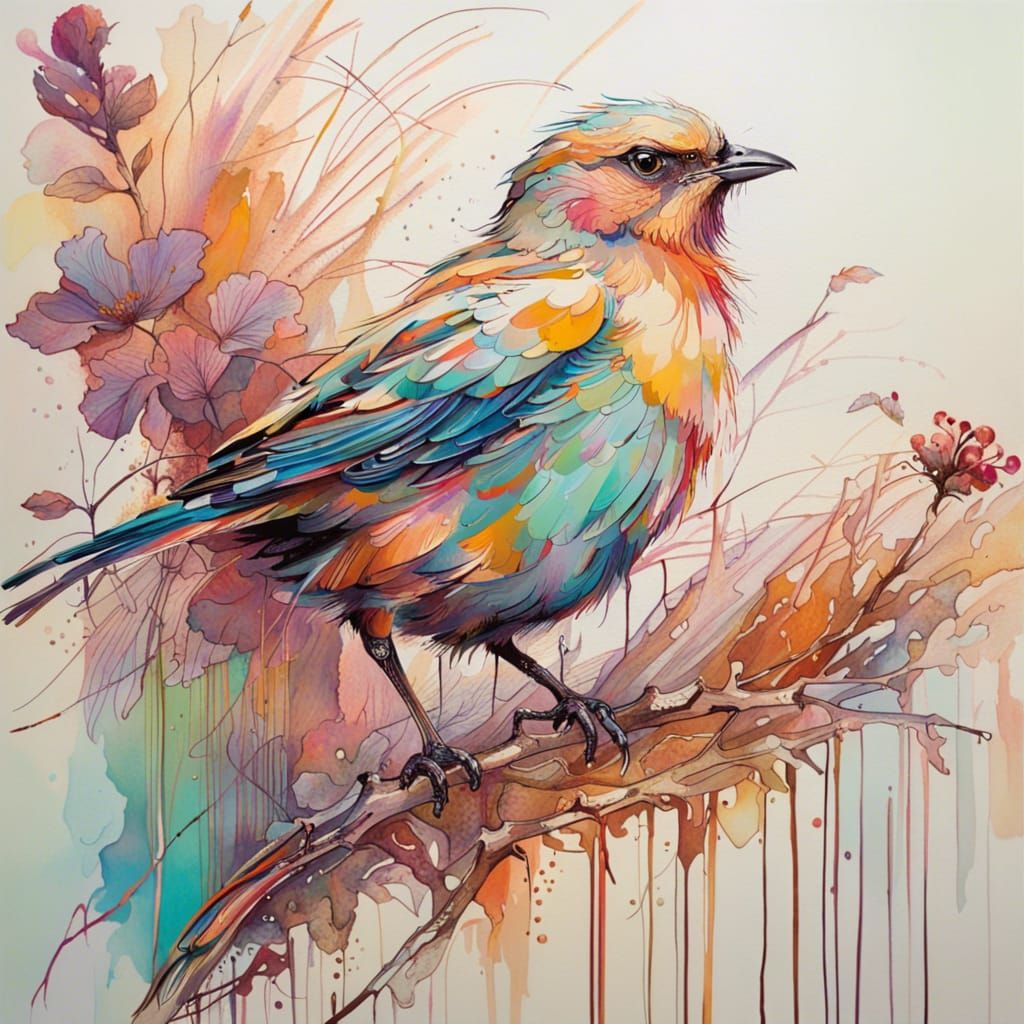 Colorful Bird in Oil, Ink and Mixed Media