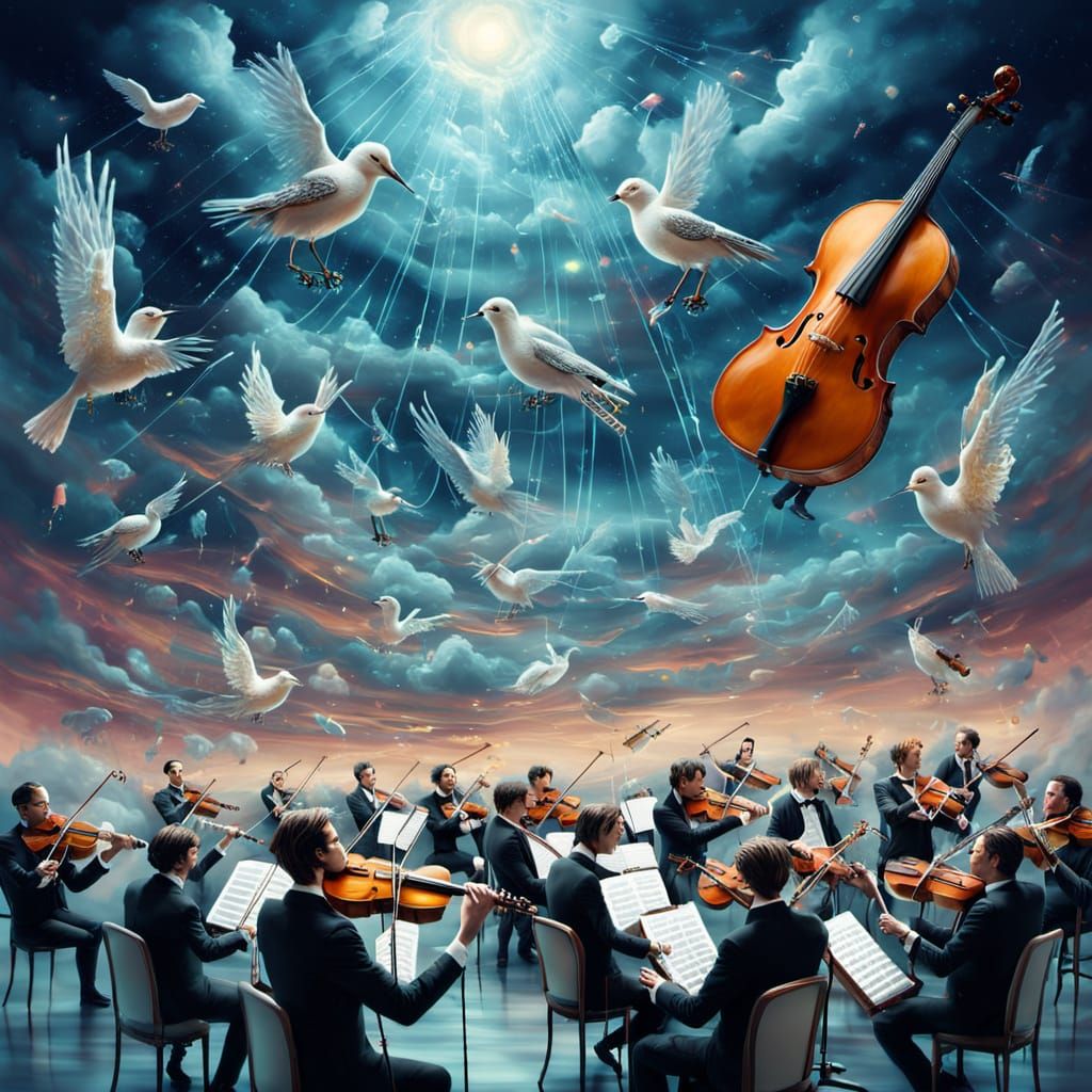 Surreal Sky Orchestra with Bird-Headed Musicians