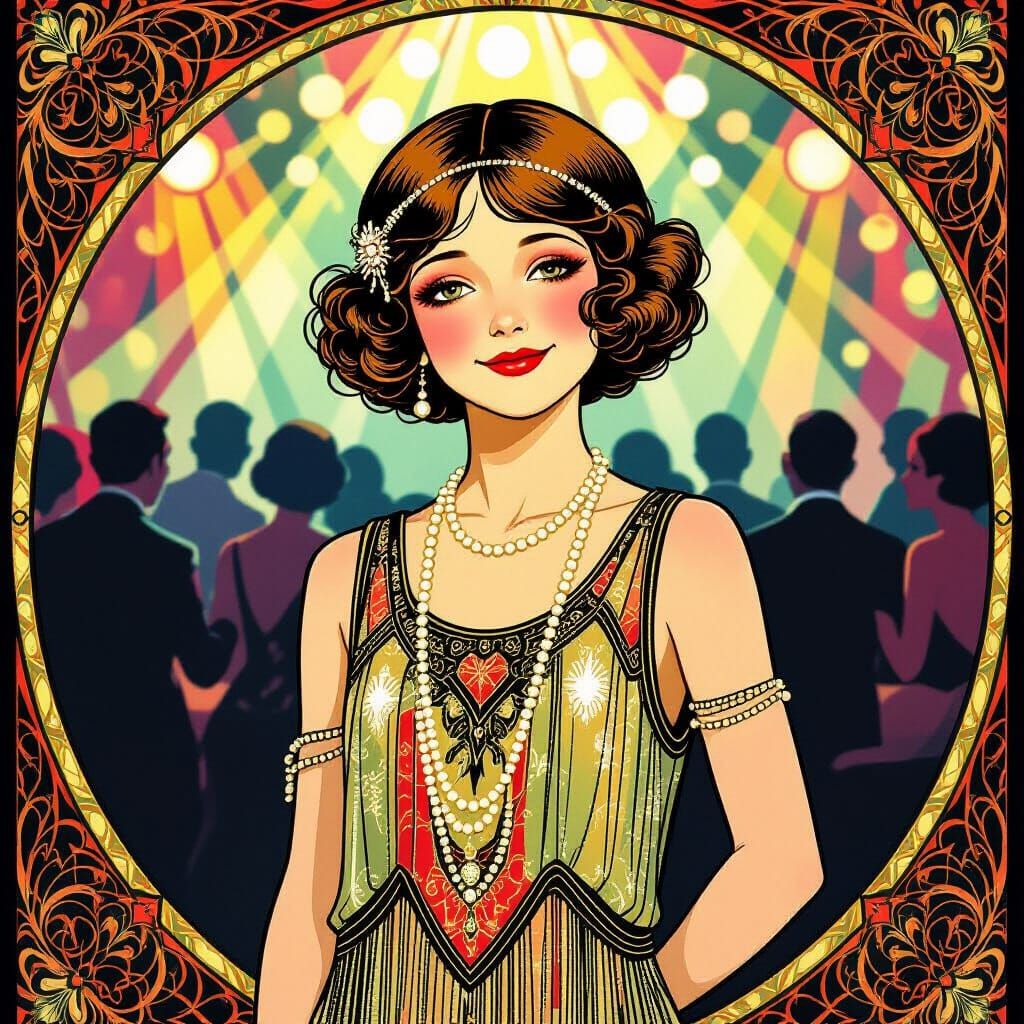 Flapper Girl in Vibrant Art Nouveau Nightclub