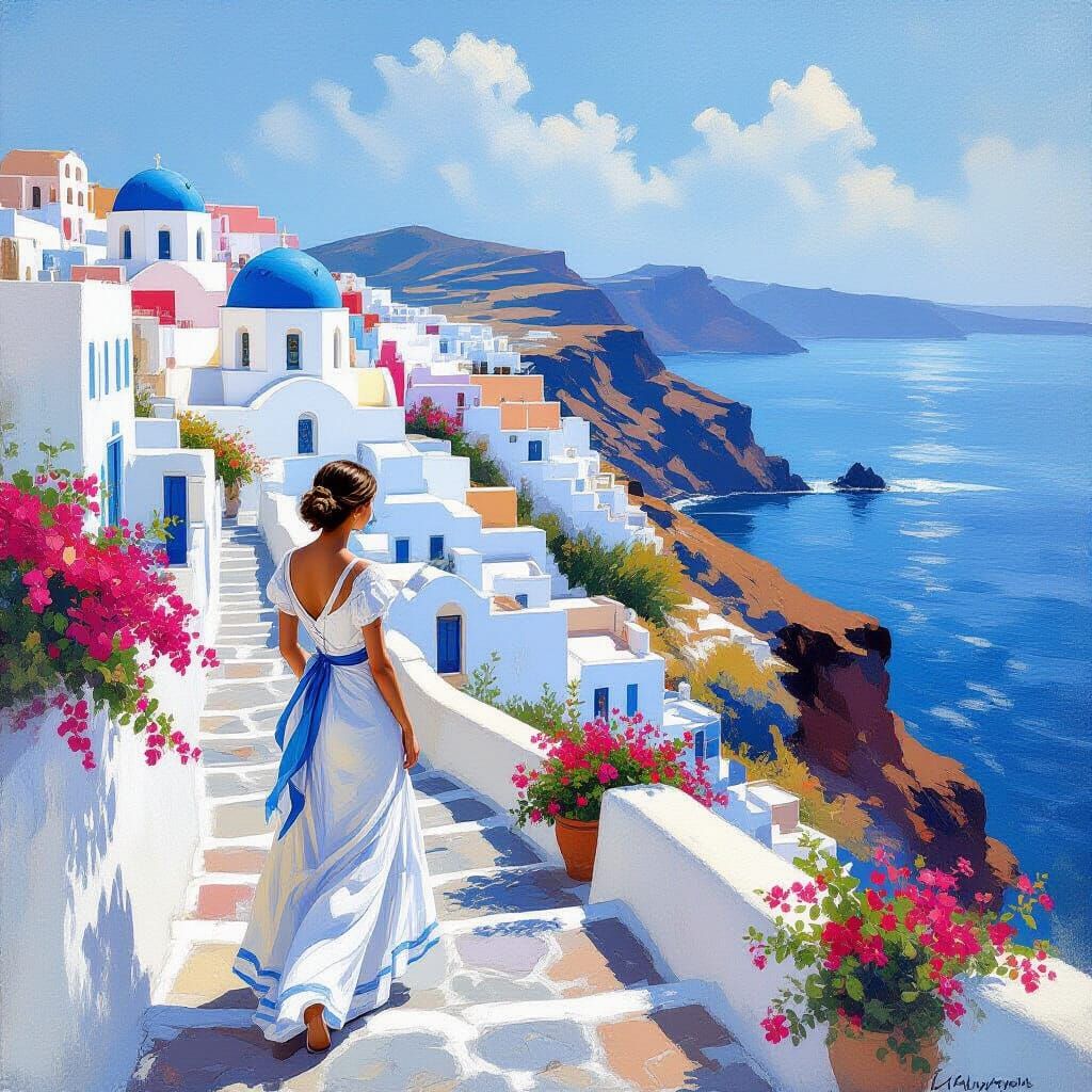 Santorini Woman in Impressionistic Light